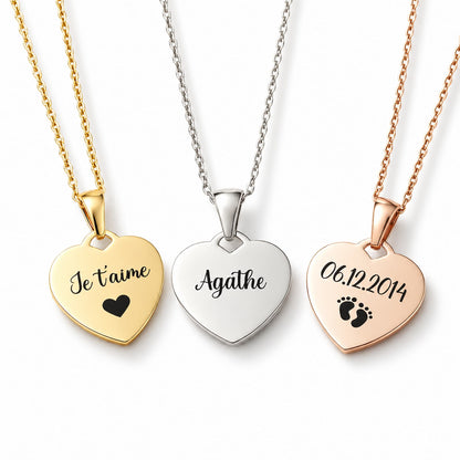 Collier cœur personnalisé gravé avec prénom, date ou message en acier inoxydable doré, argenté ou rose