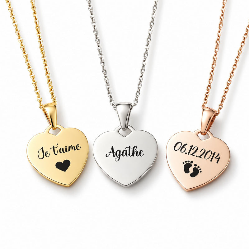Collier cœur personnalisé gravé avec prénom, date ou message en acier inoxydable doré, argenté ou rose