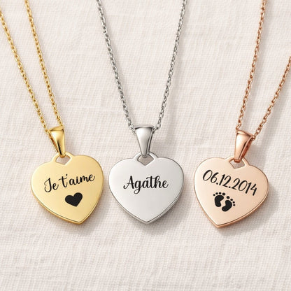 collier coeur personnalisé gravé avec prénom date ou message en acier inoxydable