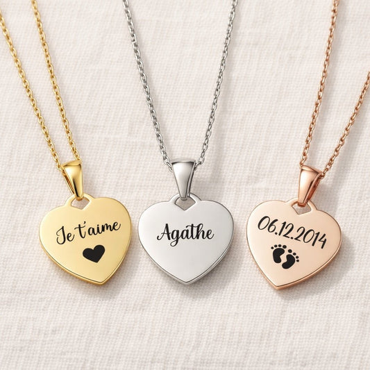 collier coeur personnalisé gravé avec prénom date ou message en acier inoxydable