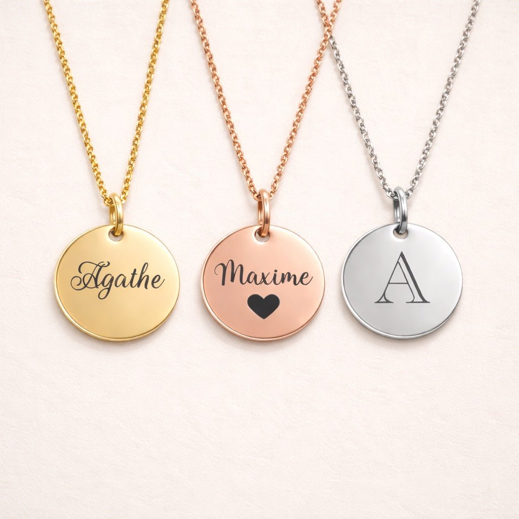 Colliers medaille personnalisee avec prenoms graves en acier inoxydable or rose argent cadeau personnalise