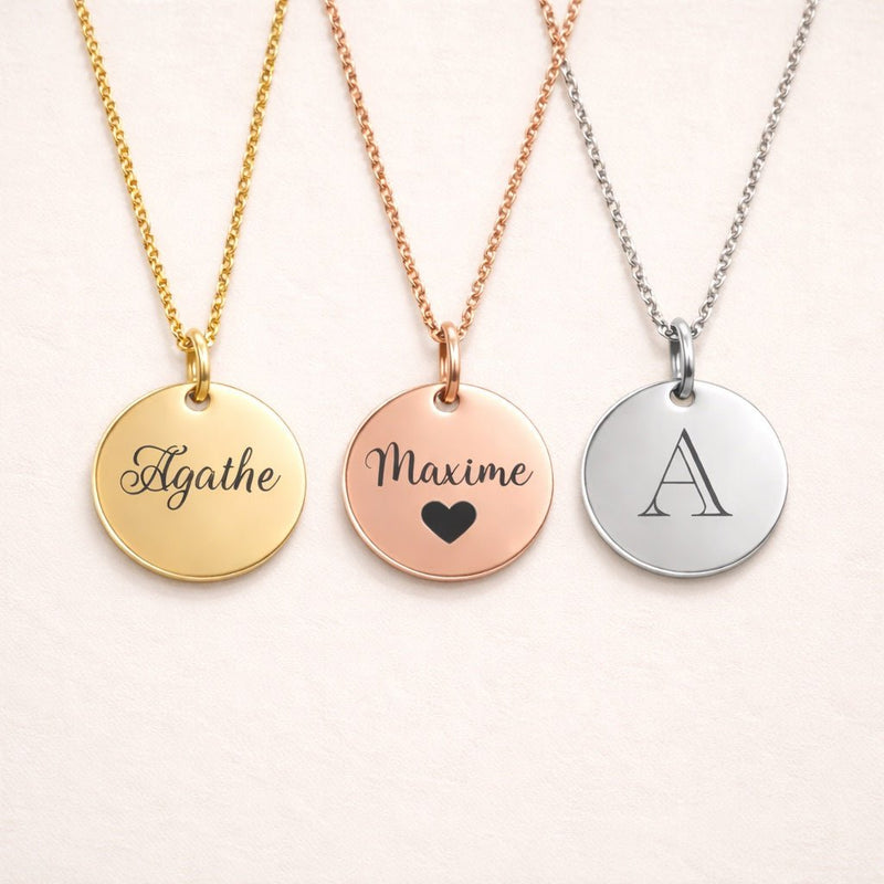 Colliers medaille personnalisee avec prenoms graves en acier inoxydable or rose argent cadeau personnalise