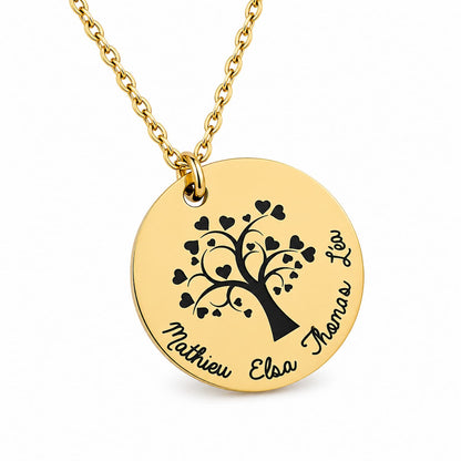 Collier arbre de vie personnalisé avec prénoms en inox doré médaille ronde