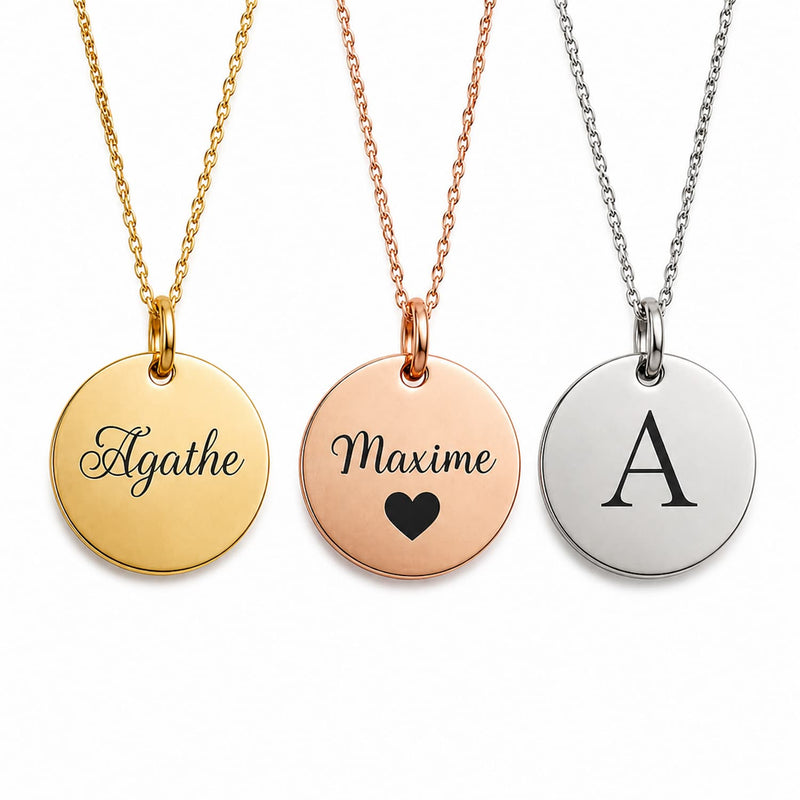 Colliers personnalisés avec médaille ronde en acier inoxydable doré rose et argent avec prénoms gravés