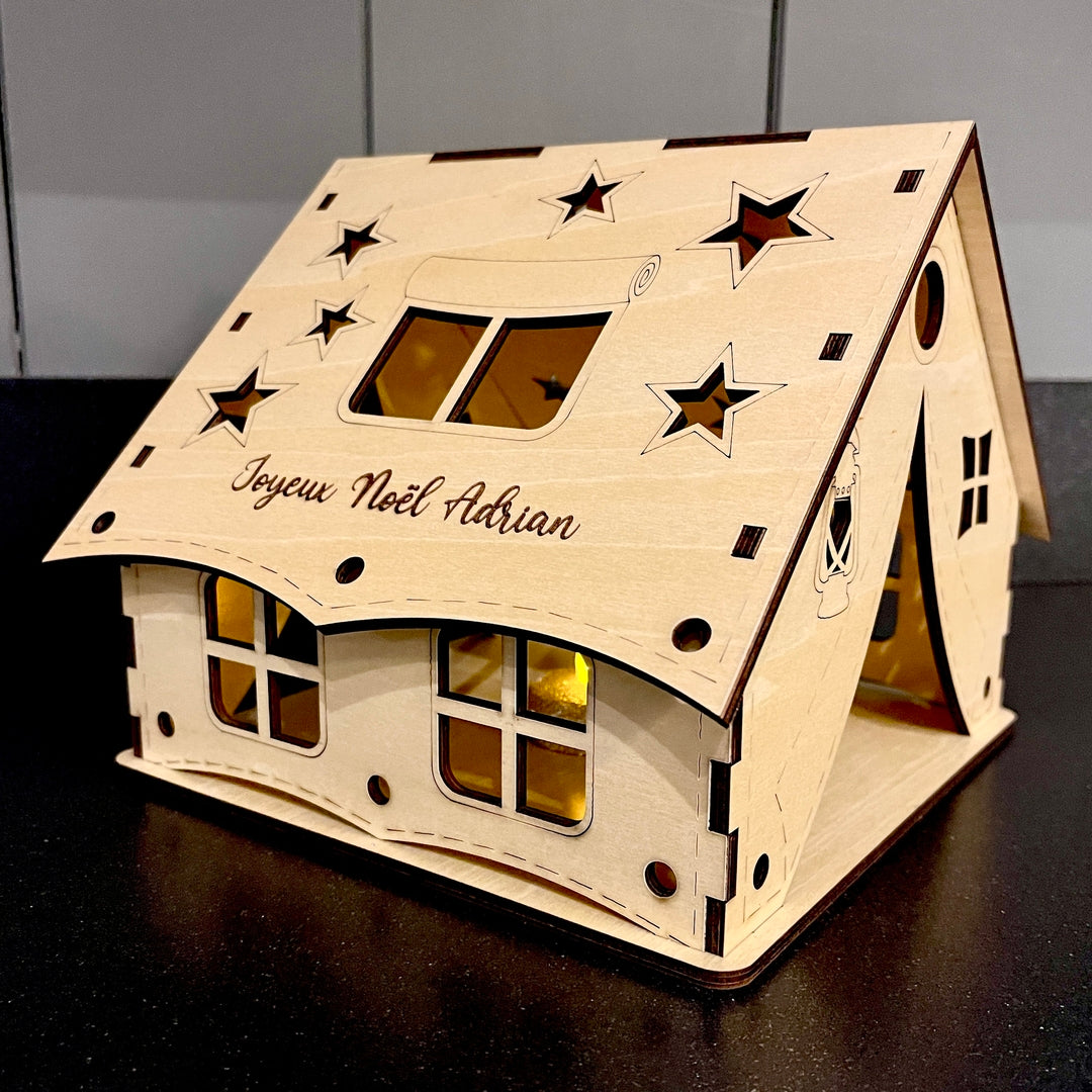 Décoration de Noël en bois personnalisable, veilleuse en forme de maison avec lampe LED