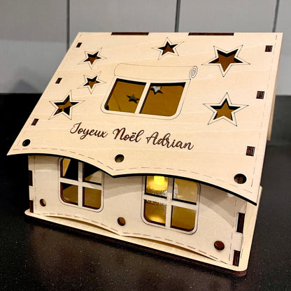 Décoration de Noël en bois personnalisable, veilleuse en forme de maison avec lampe LED