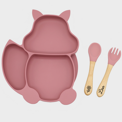 Ensemble assiette et couverts personnalisés en bois et silicone en forme de renard ou d'écureuil