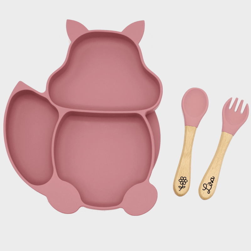 Ensemble assiette et couverts personnalisés en bois et silicone en forme de renard ou d'écureuil