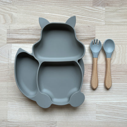 Ensemble assiette et couverts personnalisés en bois et silicone en forme de renard ou d'écureuil