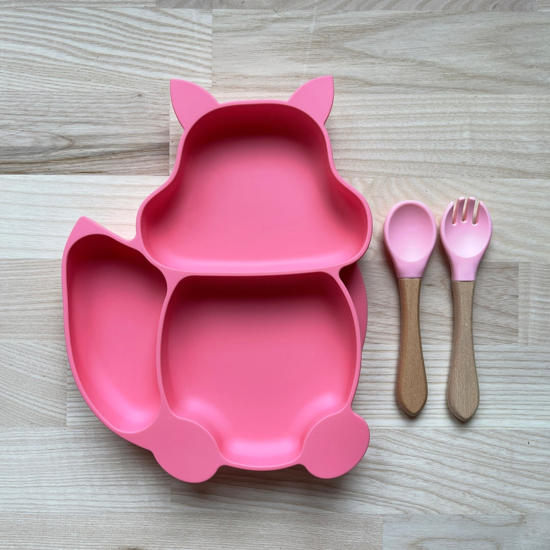 Ensemble assiette et couverts personnalisés en bois et silicone en forme de renard ou d'écureuil