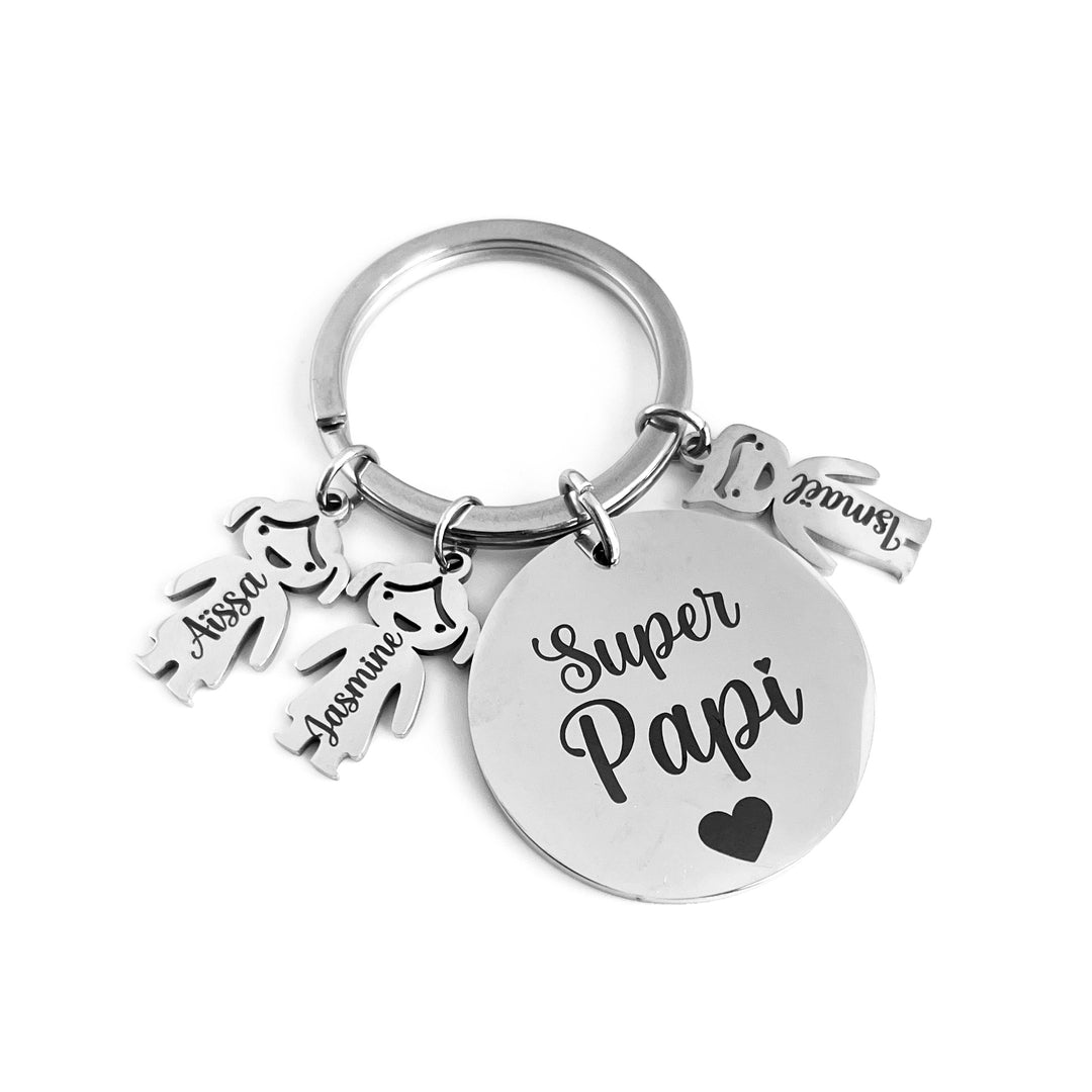 Cadeau papi personnalisé fête des grands pères, des papy : porte clé avec les petits enfants en inox miroir, bonne fête papi