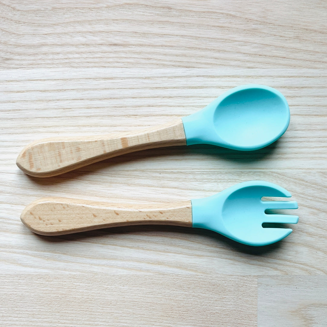 Couverts pour enfant personnalisés en bois et silicone, idée cadeau naissance, baptême, noël pour bébé, fourchette et cuillère