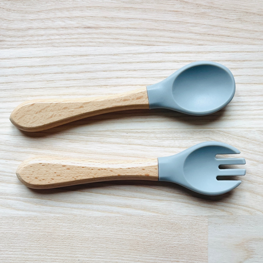 Couverts pour enfant personnalisés en bois et silicone, idée cadeau naissance, baptême, noël pour bébé, fourchette et cuillère