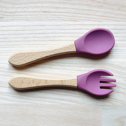 Couverts pour enfant personnalisés en bois et silicone, idée cadeau naissance, baptême, noël pour bébé, fourchette et cuillère