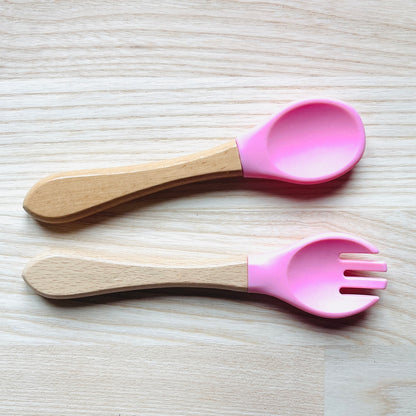 Couverts pour enfant personnalisés en bois et silicone, idée cadeau naissance, baptême, noël pour bébé, fourchette et cuillère