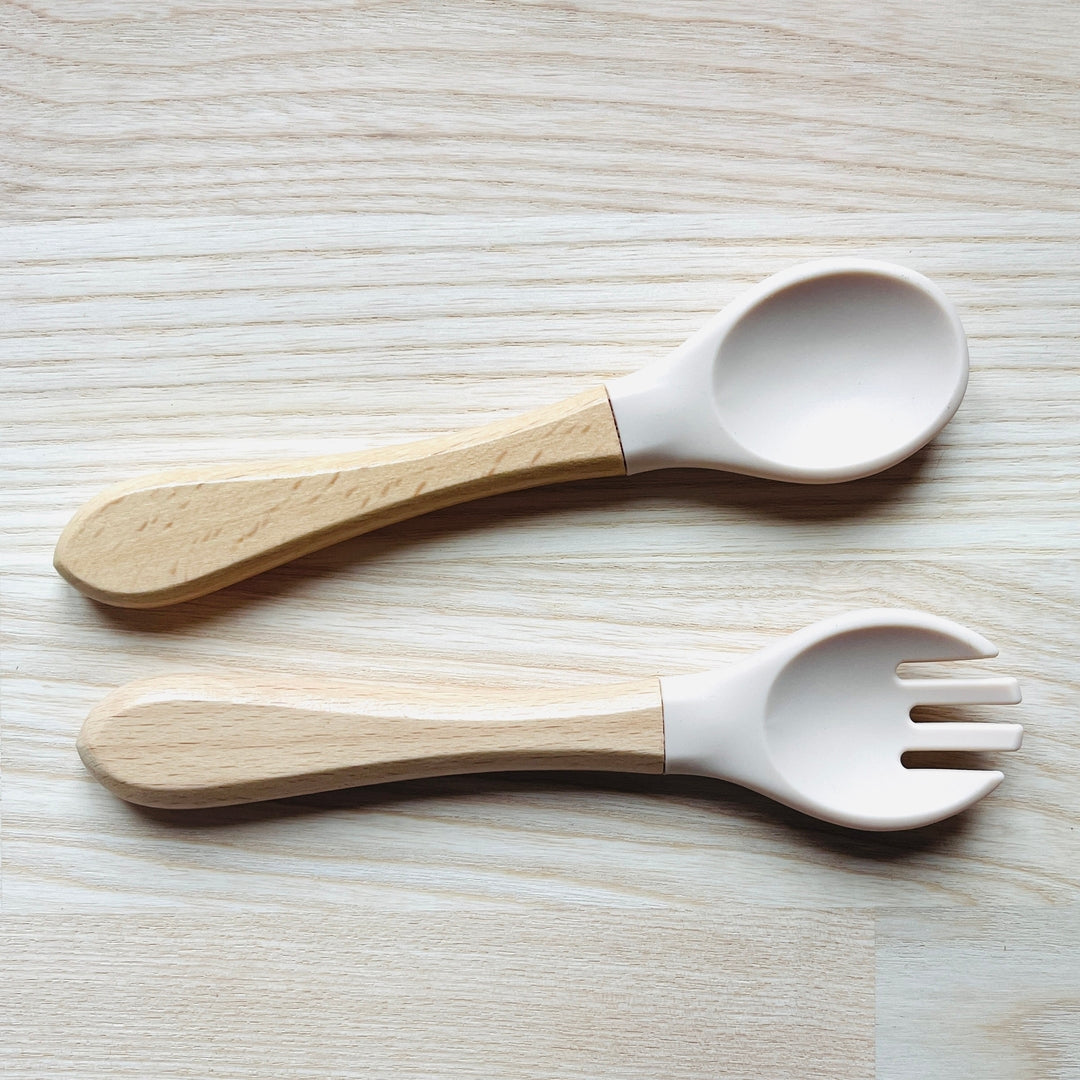 Couverts pour enfant personnalisés en bois et silicone, idée cadeau naissance, baptême, noël pour bébé, fourchette et cuillère