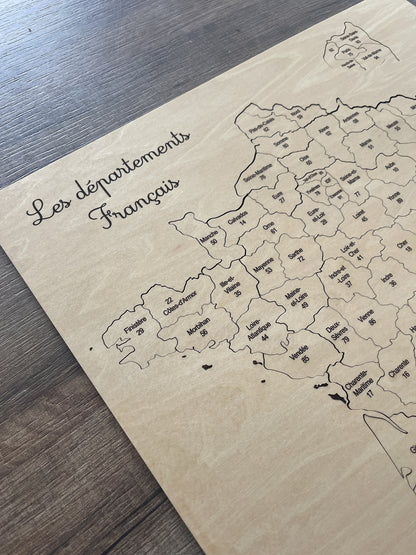 Puzzle en bois carte des départements de France, cadeau éducatif ou collectionneur