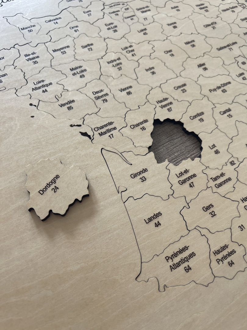 Puzzle en bois carte des départements de France, cadeau éducatif ou collectionneur
