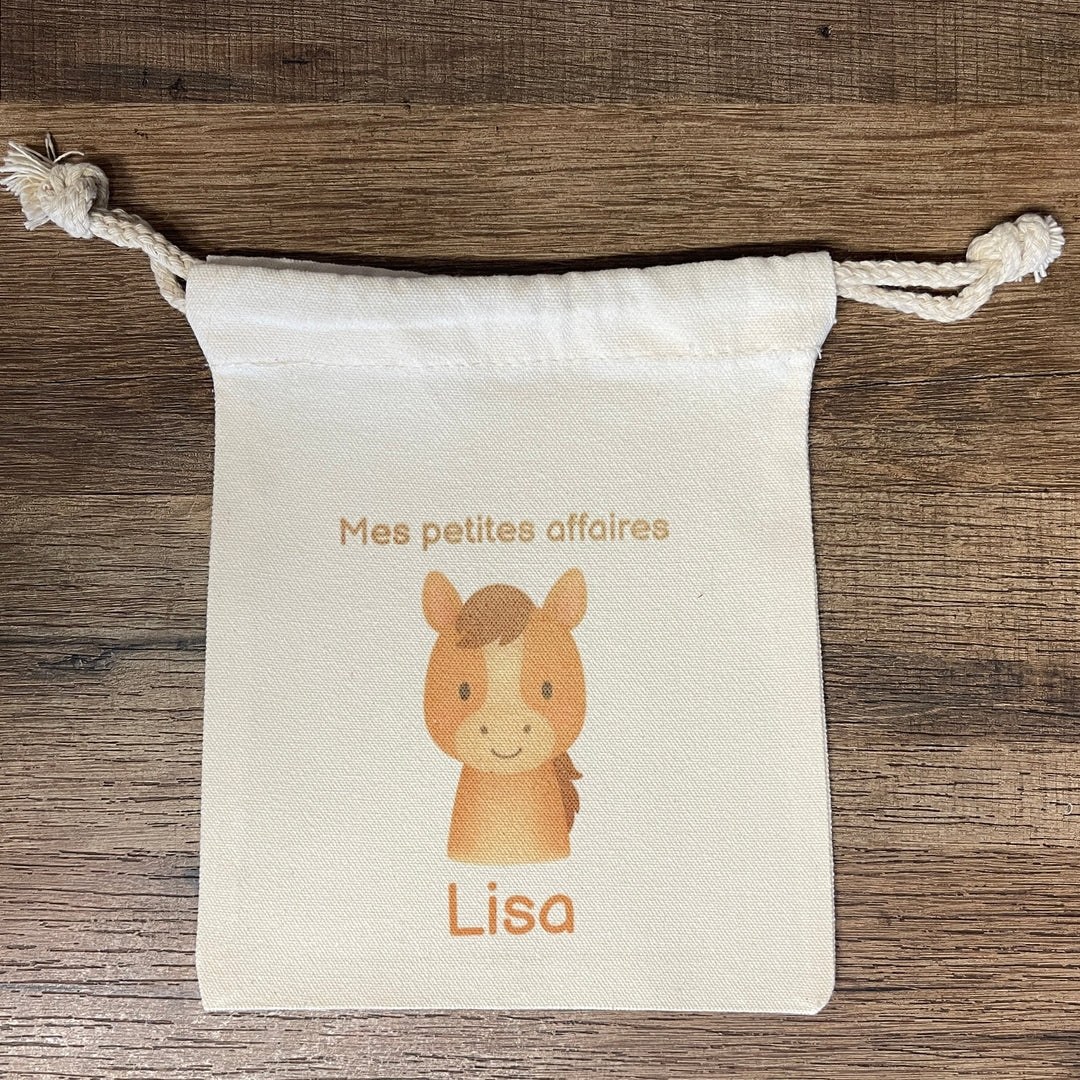 Pochon personnalisé enfant – sac goûter, trousse crèche, rangement prénom et animal au choix, cadeau naissance fille garçon