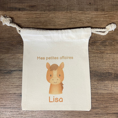 Pochon personnalisé enfant – sac goûter, trousse crèche, rangement prénom et animal au choix, cadeau naissance fille garçon