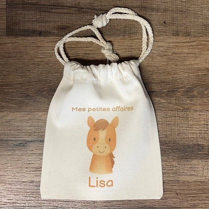 Pochon personnalisé enfant – sac goûter, trousse crèche, rangement prénom et animal au choix, cadeau naissance fille garçon