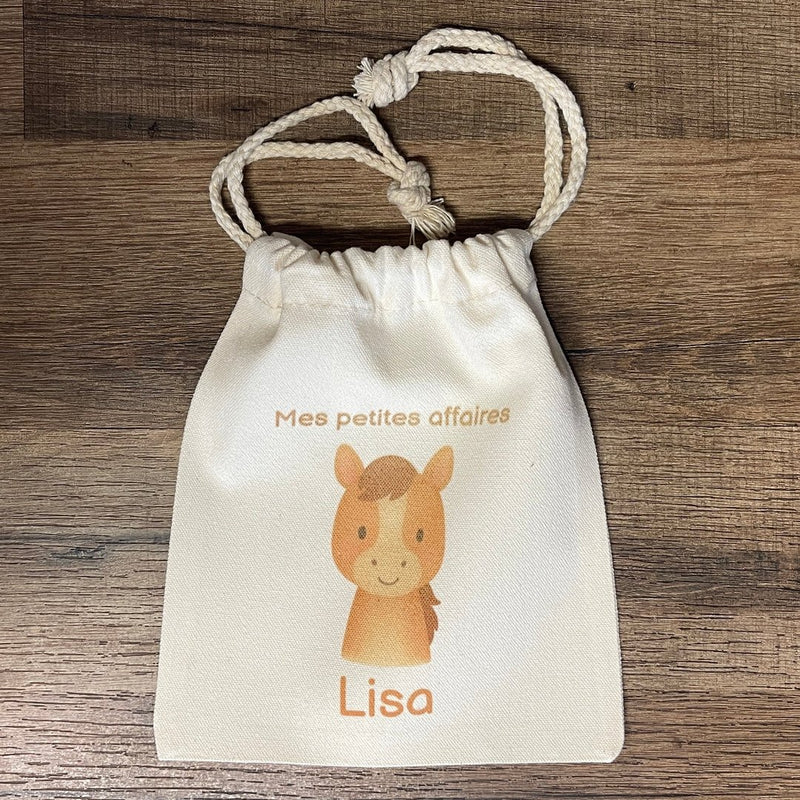 Pochon personnalisé enfant – sac goûter, trousse crèche, rangement prénom et animal au choix, cadeau naissance fille garçon