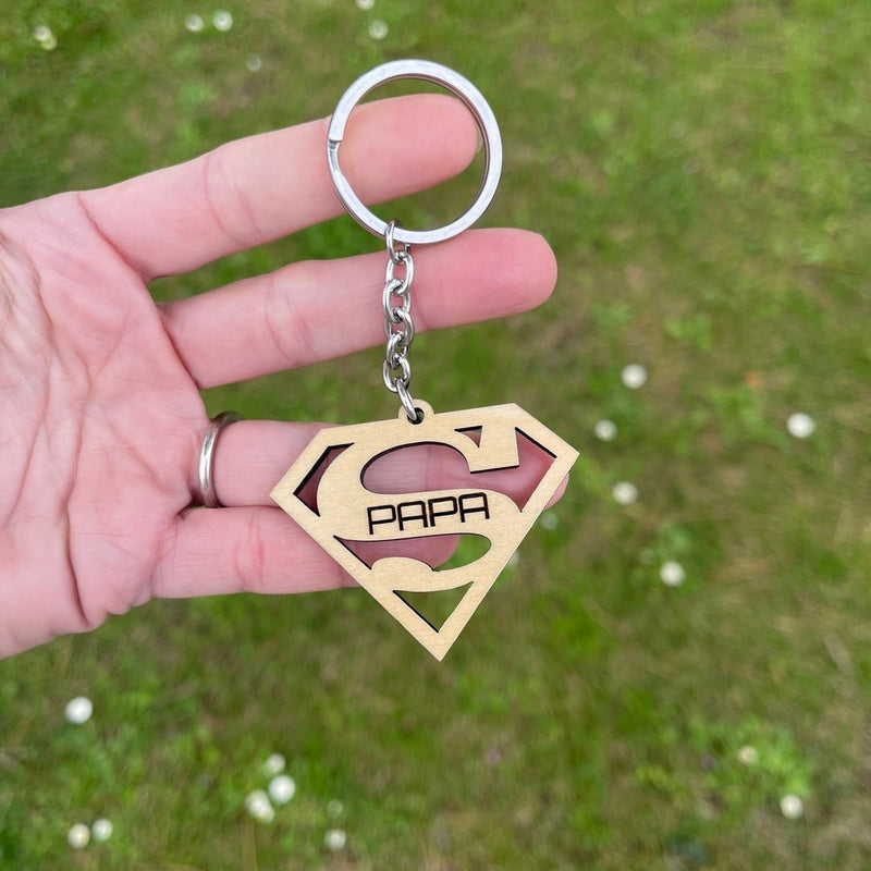 Porte clé en bois Super Papa