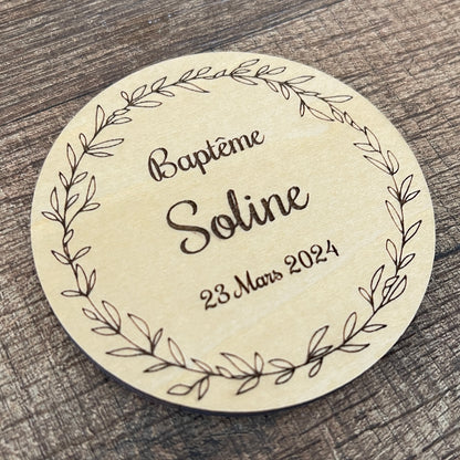 Carte personnalisée baptême en bois option magnet