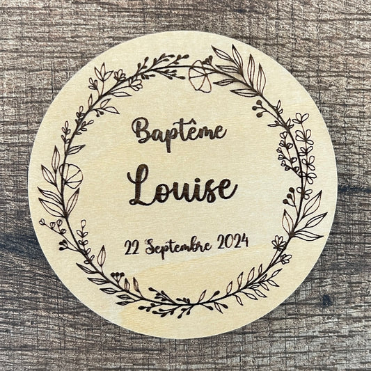 Carte personnalisée baptême en bois option magnet