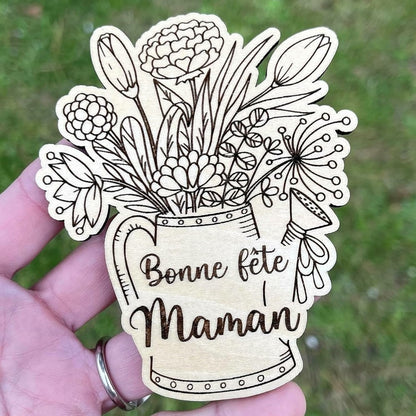 Magnet en Bois "Bonne fête Maman", arrosoir et fleurs, idéal cadeau fête des mères