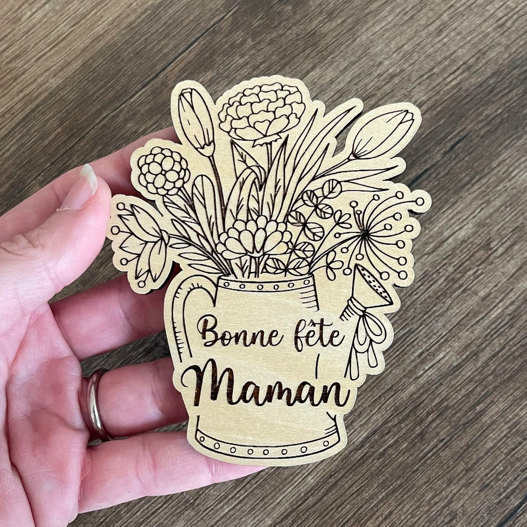Magnet en Bois "Bonne fête Maman", arrosoir et fleurs, idéal cadeau fête des mères