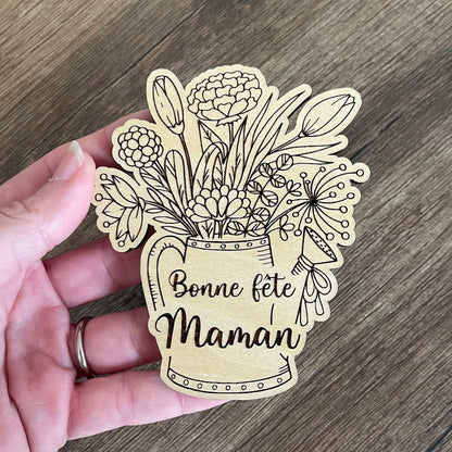Magnet en Bois "Bonne fête Maman", arrosoir et fleurs, idéal cadeau fête des mères