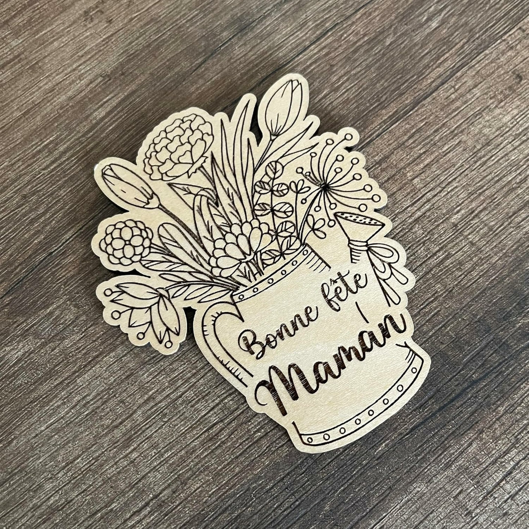 Magnet en Bois "Bonne fête Maman", arrosoir et fleurs, idéal cadeau fête des mères