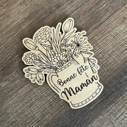 Magnet en Bois "Bonne fête Maman", arrosoir et fleurs, idéal cadeau fête des mères