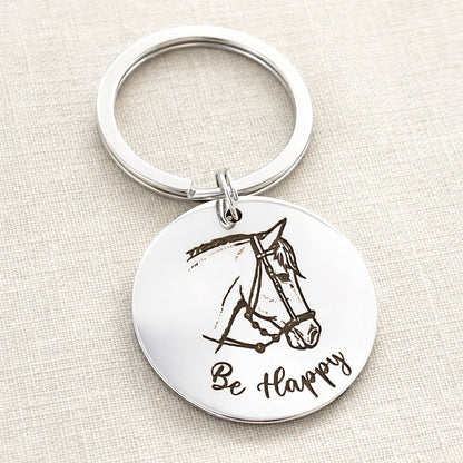 Médaille cheval personnalisée gravée en acier inoxydable avec texte Be Happy – porte-clé artisanal