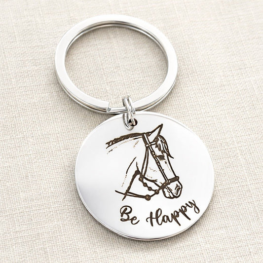 Médaille cheval personnalisée gravée en acier inoxydable avec texte Be Happy – porte-clé artisanal
