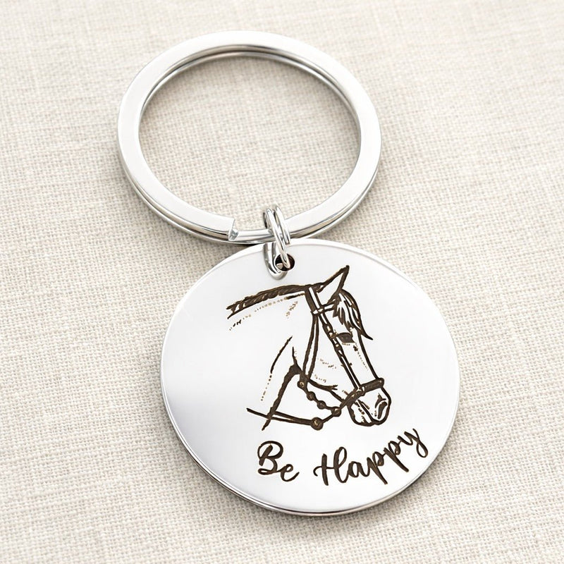 Médaille cheval personnalisée gravée en acier inoxydable avec texte Be Happy – porte-clé artisanal