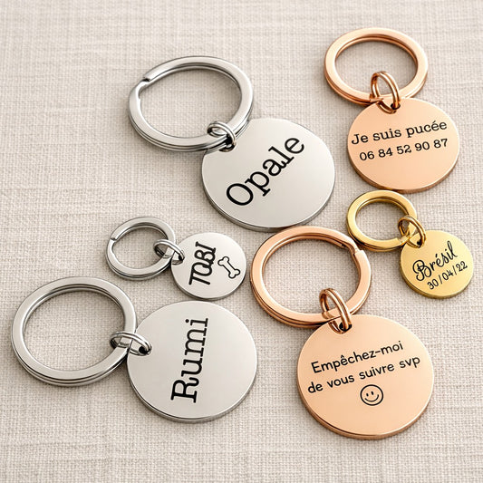 porte clé médaille chien personnalisée gravure prénom et téléphone acier inoxydable