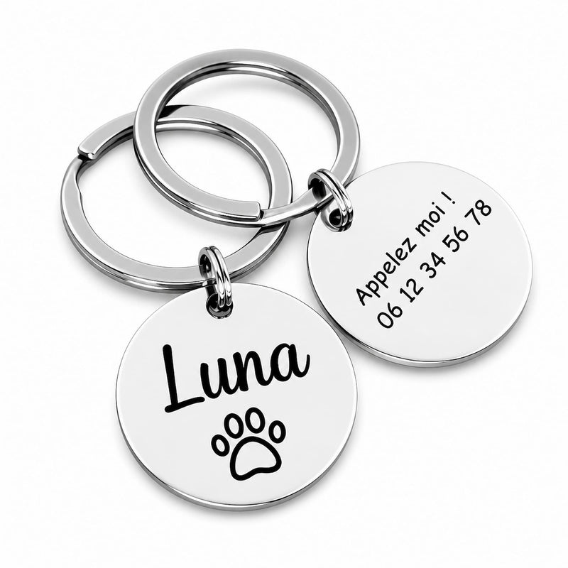 Médaille chien personnalisée en acier inoxydable gravée avec nom Luna et numéro de téléphone