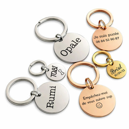 médaille gravée pour chien ou chat personnalisée en inox miroir rose or jaune ou argent