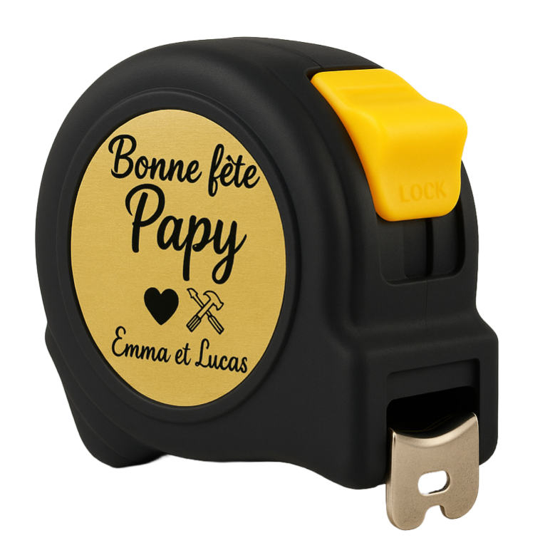 Mètre Mètre Ruban Personnalisable, Cadeau Fête des Pères, Noir et Jaune, Acier Rétractable, 3 Mètres, Accessoire Homme