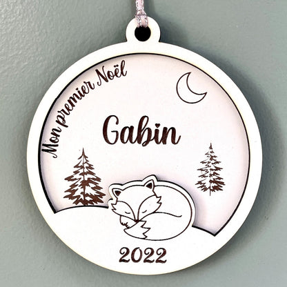 Boule de noël personnalisée en bois et en relief motif renard, mon premier noël