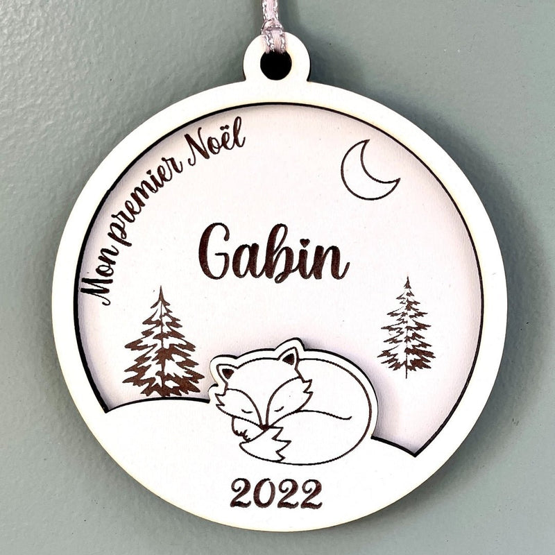 Boule de noël personnalisée en bois et en relief motif renard, mon premier noël