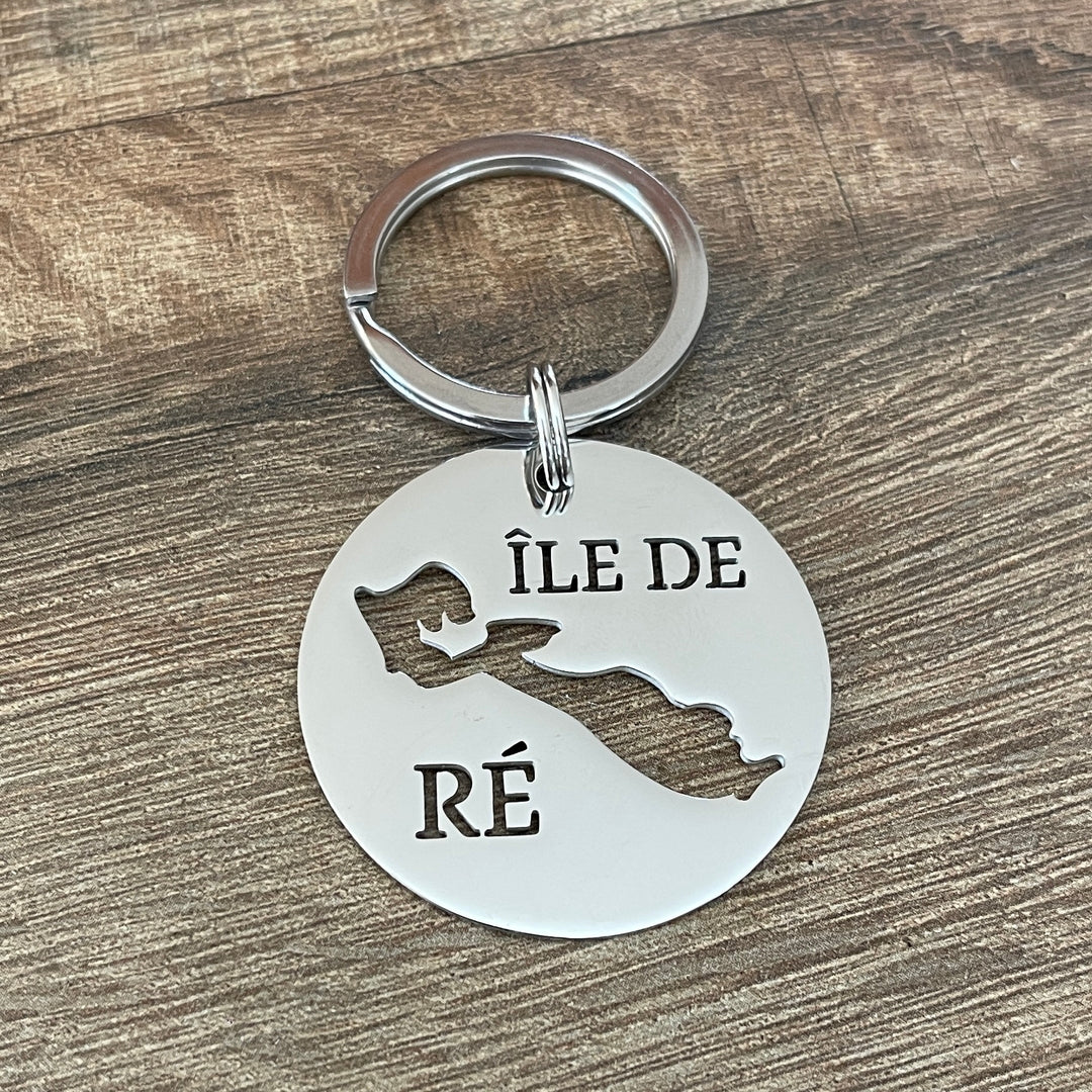 Porte clé île de Ré découpé sur rond en inox