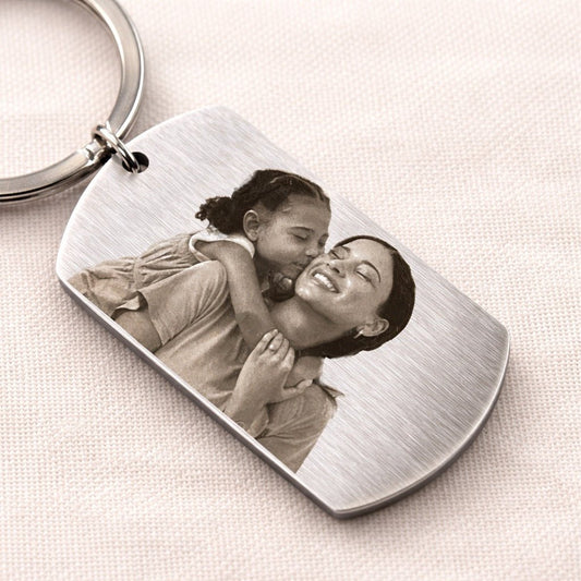 Porte-clé photo personnalisé gravé en acier inoxydable