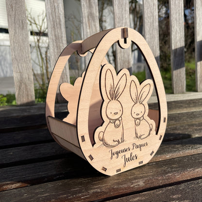 Panier de Pâques personnalisé en bois de hêtre, idéal pour la chasse aux oeufs
