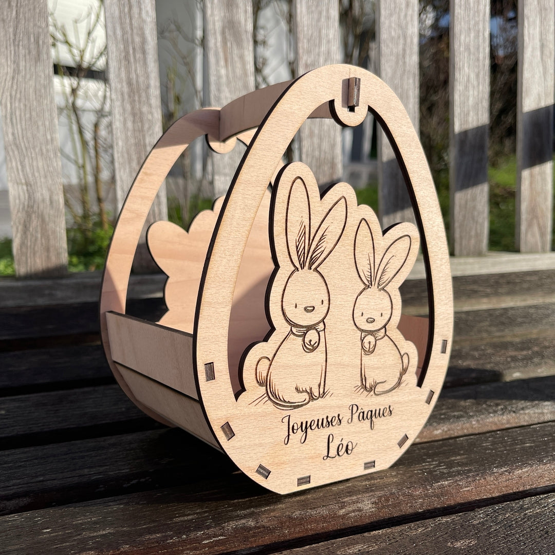Panier de Pâques personnalisé en bois de hêtre, idéal pour la chasse aux oeufs
