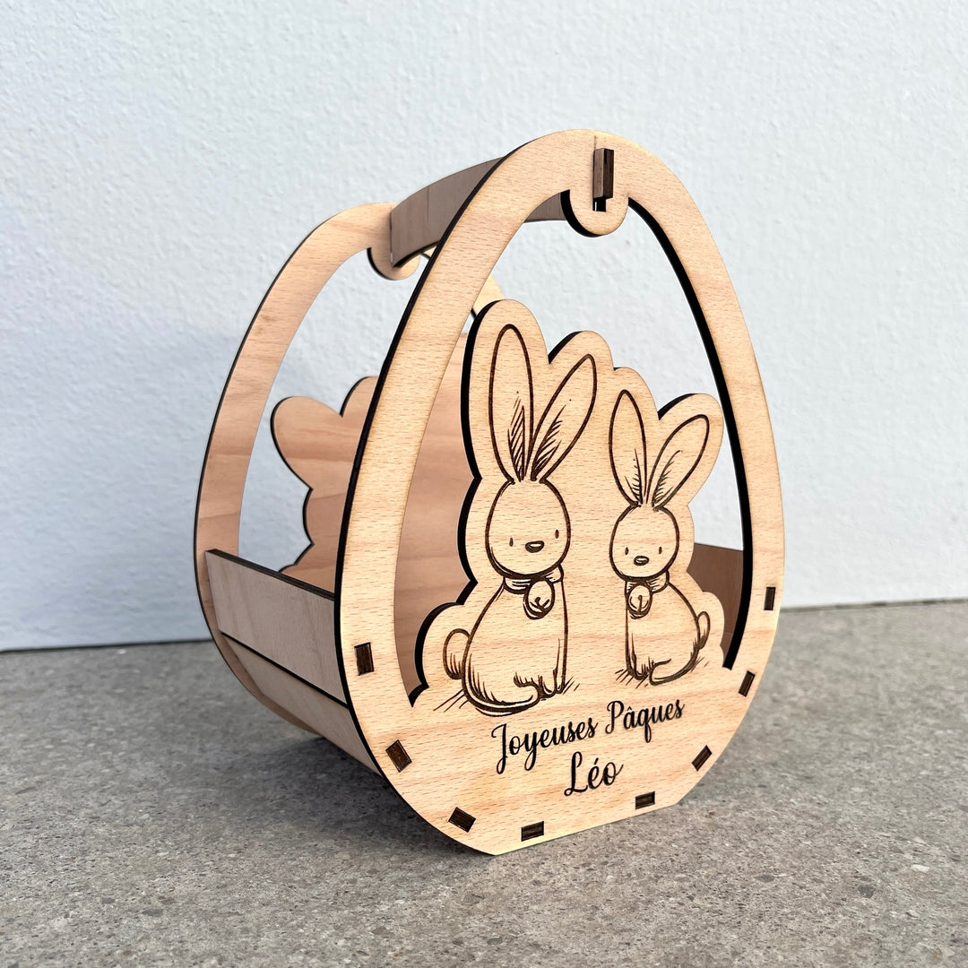 Panier de Pâques personnalisé en bois de hêtre, idéal pour la chasse aux oeufs