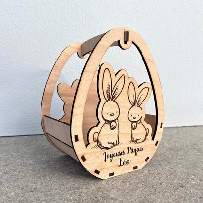 Panier de Pâques personnalisé en bois de hêtre, idéal pour la chasse aux oeufs