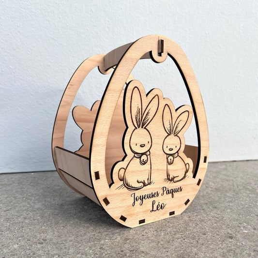 Panier de Pâques personnalisé en bois de hêtre, idéal pour la chasse aux oeufs